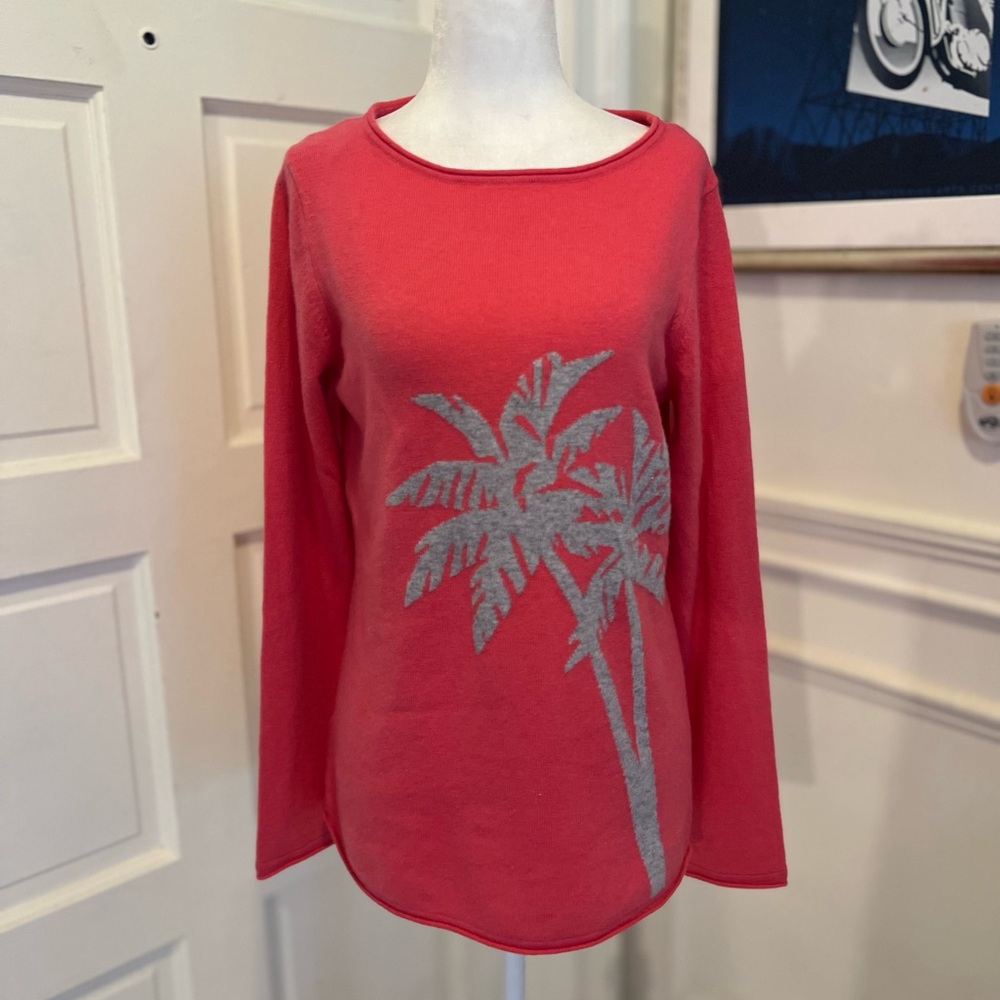 EUC Tommy Bahama Cashmere Bright Pink Sweater with Gray Palm Tree Sz S petite
